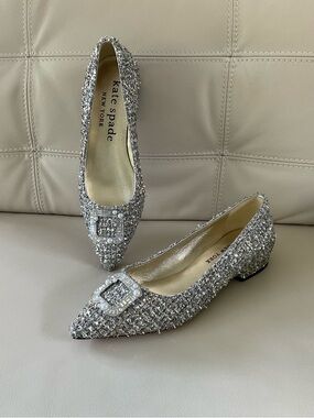 Kate Spade Buckle Up Tweed Metallic Multi Flats, Size 9 B